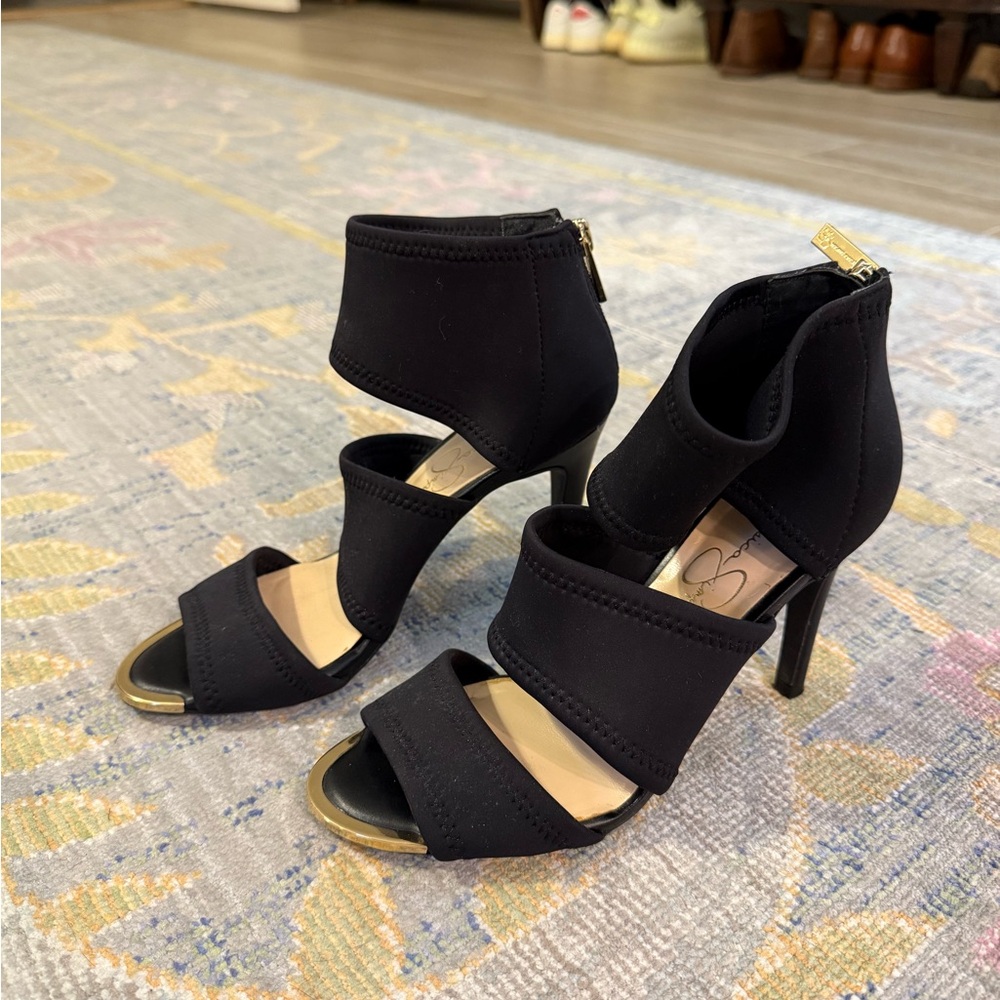 Jessica Simpson Black Heeled Neoprene Bootie Sandals